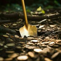 Potrait of golden shovel and coins around the ground of ai generated photo