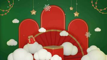 3d grön bakgrund jul med minimalistisk röd podium på himmel och moln, lämplig för produkt befordran video