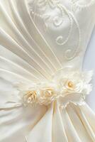 Gorgeous fabric flowers in creamy color, soft pleats of satin fabric with embroidery. Part of the bride's wedding dress, prom dress. Vertical view. photo