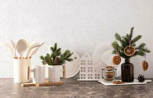 Modern home kitchen countertop interior concept. decorated for New Year holiday. elements of natural decor. branches, cones, dried oranges. photo