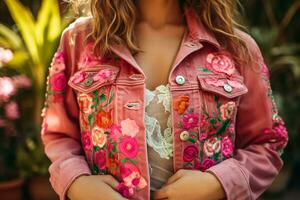 Woman's Denim Embroidery in Pretty Pink - AI generated photo