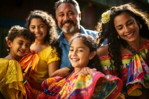 celebrando Hispano patrimonio con un alegre familia escena - ai generado foto