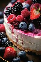 Berry-Studded Cheesecake Delight. Creamy Indulgence with Mixed Berries - AI generated photo