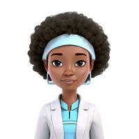 cartoon plasticine 3d avatar of girl with dark skin and afro curls online doctor isolated on white background photo