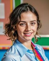 AI Generated Italian preschool women teacher wearing shirt at classroom photo