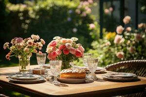 table set for a summer brunch in the garden AI Generated photo