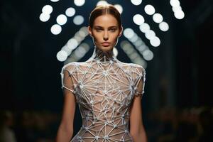 A model on a runway wearing an elegant dress made of diamonds. AI generative photo