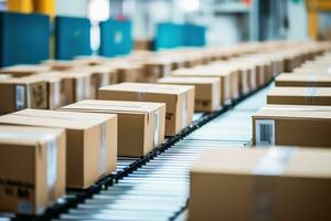Conveyor belt close up with many boxes passing. AI generative photo