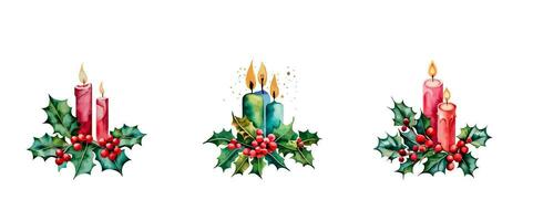 Element for design and Christmas composition. Vector Holidays illustration of red candle with holly berry brunches.