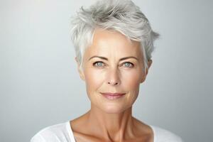 Portrait of mature attractive woman on white background. Closeup face of senior woman with gray hair. Beauty shot of mature woman with smile face. Happy senior woman. 50s lady. Generative AI. photo