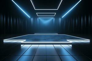 Contemporary dance stage light background with spotlight illuminated the stage. Stage lighting performance show. Empty stage with light beam effect and neon light. Entertainment show. Generative AI. photo