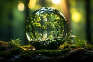 World Environment Day background. Earth day. Glass globe in green forest. Environmental conservation. Green planet. Environmental concept of saving planet Earth. Fragile ecosystem. Generative AI. photo