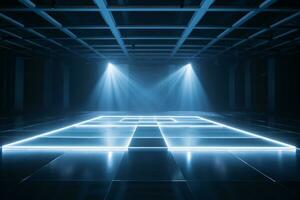 Contemporary dance stage light background with spotlight illuminated the stage. Stage lighting performance show. Empty stage with light beam effect and neon light. Entertainment show. Generative AI. photo