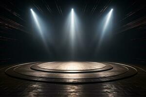 Contemporary dance stage light background with spotlight illuminated the stage. Stage lighting performance show. Empty stage with light beam effect. Serene scene. Entertainment show. Generative AI. photo