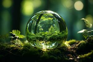 World Environment Day background. Earth day. Glass globe in green forest. Environmental conservation. Green planet. Environmental concept of saving planet Earth. Fragile ecosystem. Generative AI. photo