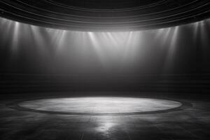 Contemporary dance stage light background with spotlight illuminated the stage. Stage lighting performance show. Empty stage and monochromatic colors. Serene scene. Entertainment show. Generative AI. photo