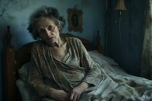 Mental Health Concept for World Mental Health Day. Sad and depressed senior woman alone in bedroom. Sick elderly woman. Mental health problem. Suffering from insomnia. Mental illness. Generative AI. photo