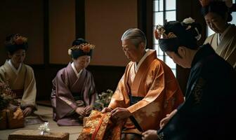 el venerado japonés emperador acepta prodigar regalos en pasillos creando utilizando generativo ai herramientas foto