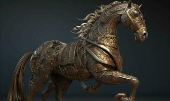 The majestic anthropomorphic horse gallops fearlessly, adorned in shining military armor. Creating using generative AI tools photo