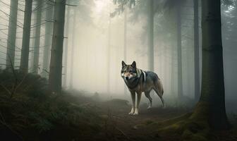 Enchanting background of a misty forest with a wolf Creating using generative AI tools photo