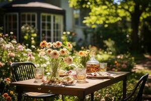 table set for a summer brunch in the garden AI Generated photo