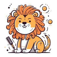 Cute lion with a comb and a toothbrush. Vector illustration.