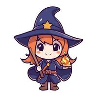 Cute little witch with a magic wand. Cartoon vector illustration.