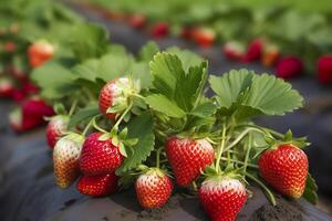 arbusto de maduro orgánico fresas en el jardín. baya de cerca. generativo ai foto