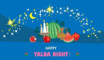 Happy Yalda night banner template with symbols of the holiday - watermelon, pomegranate, nuts, candles. Iranian night of forty festival of winter solstice celebration. vector