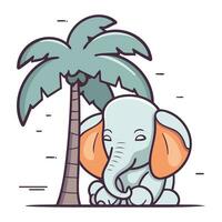 Cute cartoon elephant sitting on the palm tree. vector illustration.