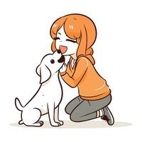 Illustration of a cute girl playing with her dog. Vector illustration.