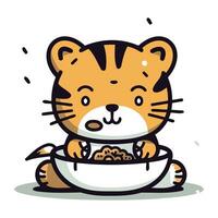 Cute tiger with bowl of food. Vector illustration in cartoon style.