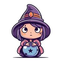 Cute little witch with a magic ball. Vector illustration in cartoon style.