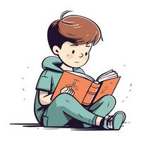 Little boy reading a book. Vector hand drawn illustration in cartoon style.