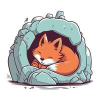 Cute cartoon fox sleeping in a cave. Vector illustration on white background.