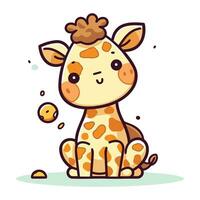 Cute little giraffe sitting and smiling. Vector illustration in cartoon style.