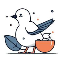 Vector illustration of a cute little bird with a bowl of soup.