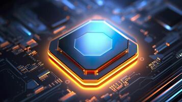 Top View of a Chip with Glowing Light and Fog in Orange and Blue. AI Generative photo