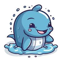 Cute whale in water. Vector illustration of a cartoon character.