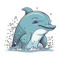 Cute cartoon dolphin jumping out of the water. Vector illustration.