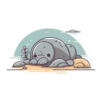 Cute hippopotamus on the beach. Vector illustration in cartoon style.