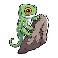 Cartoon green chameleon on a rock. Vector illustration.