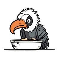 Cute vulture eating food from a bowl. Vector illustration.