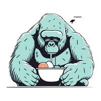 Gorilla with a bowl of ice cream. Vector illustration.