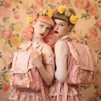 Two girls with school bags Ai generated photo