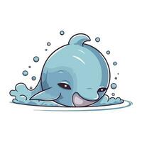 Cute cartoon whale in water. Vector illustration isolated on white background.