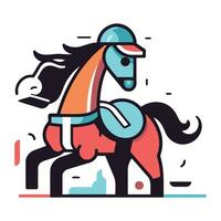 caballo montando plano color línea icono. vector ilustración en blanco antecedentes.