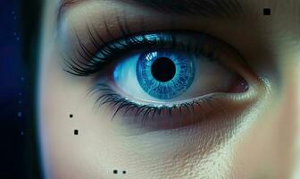 Future technology, blue eye light cyber security concept. Creating using generative AI tools photo