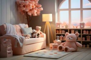 nursery room in kids room at home view professional advertising photography AI Generative photo