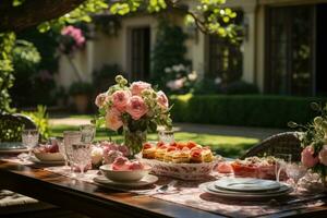 table set for a summer brunch in the garden AI Generated photo